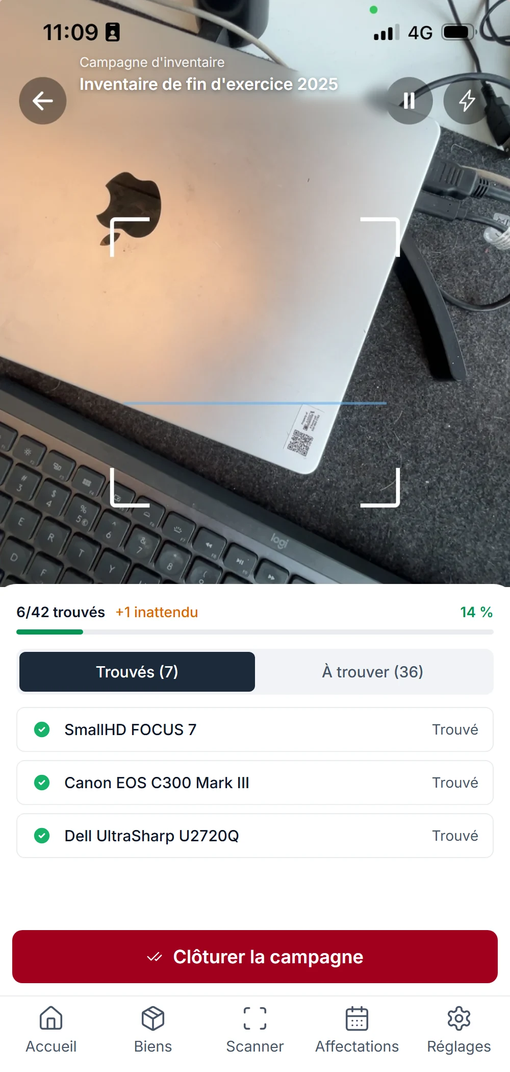 Inventaire des immobilisations sur smartphone : campagne de fin d'exercice avec biens trouvés et à trouver