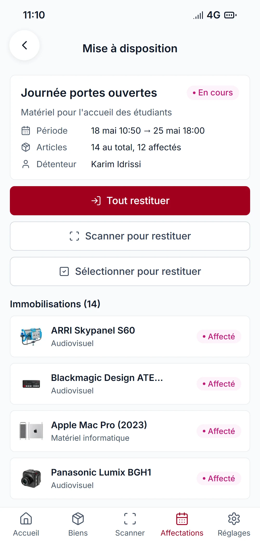 Restitution de matériel affecté depuis l'application mobile
