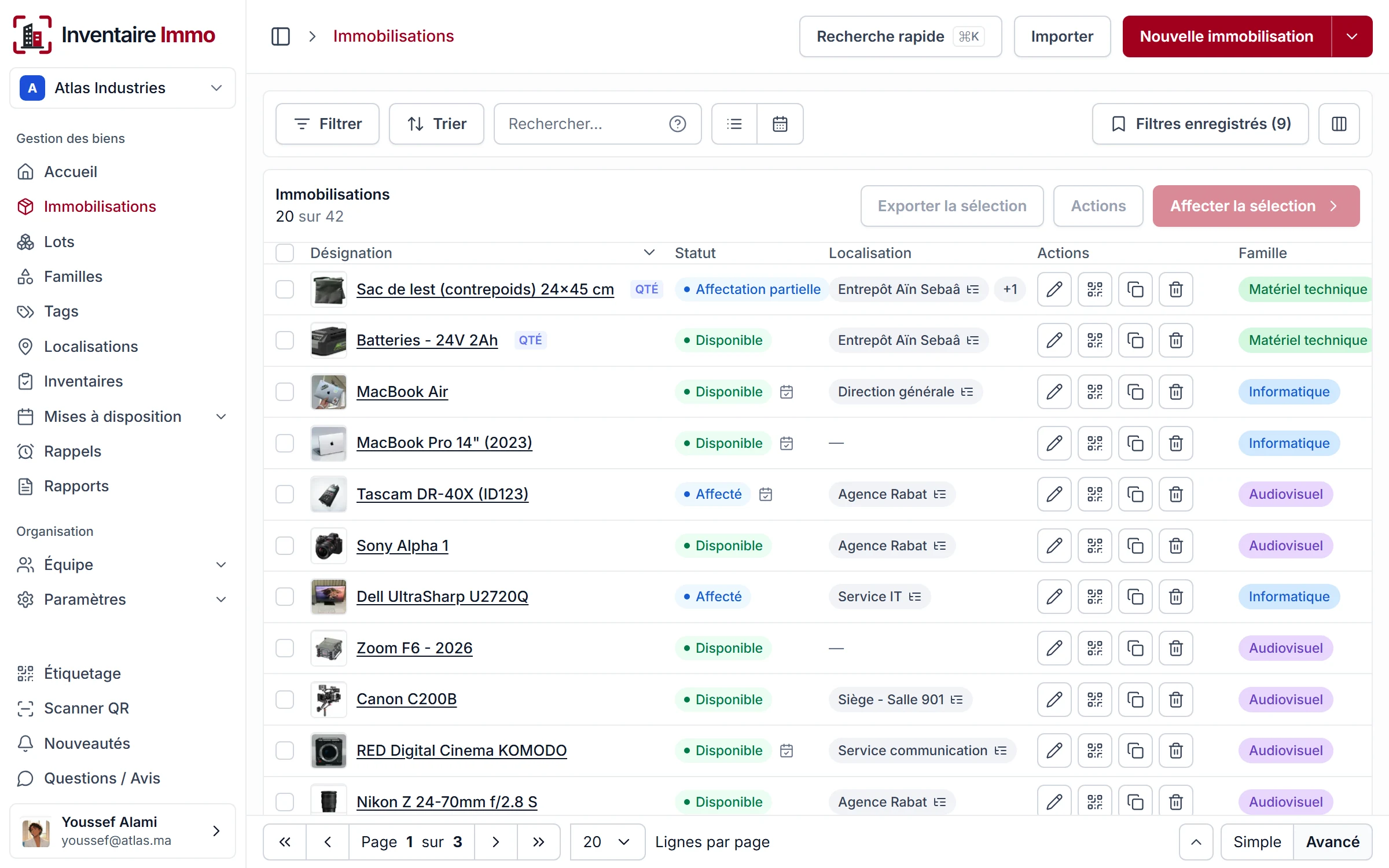 Registre des immobilisations dans l'application web InventaireImmo
